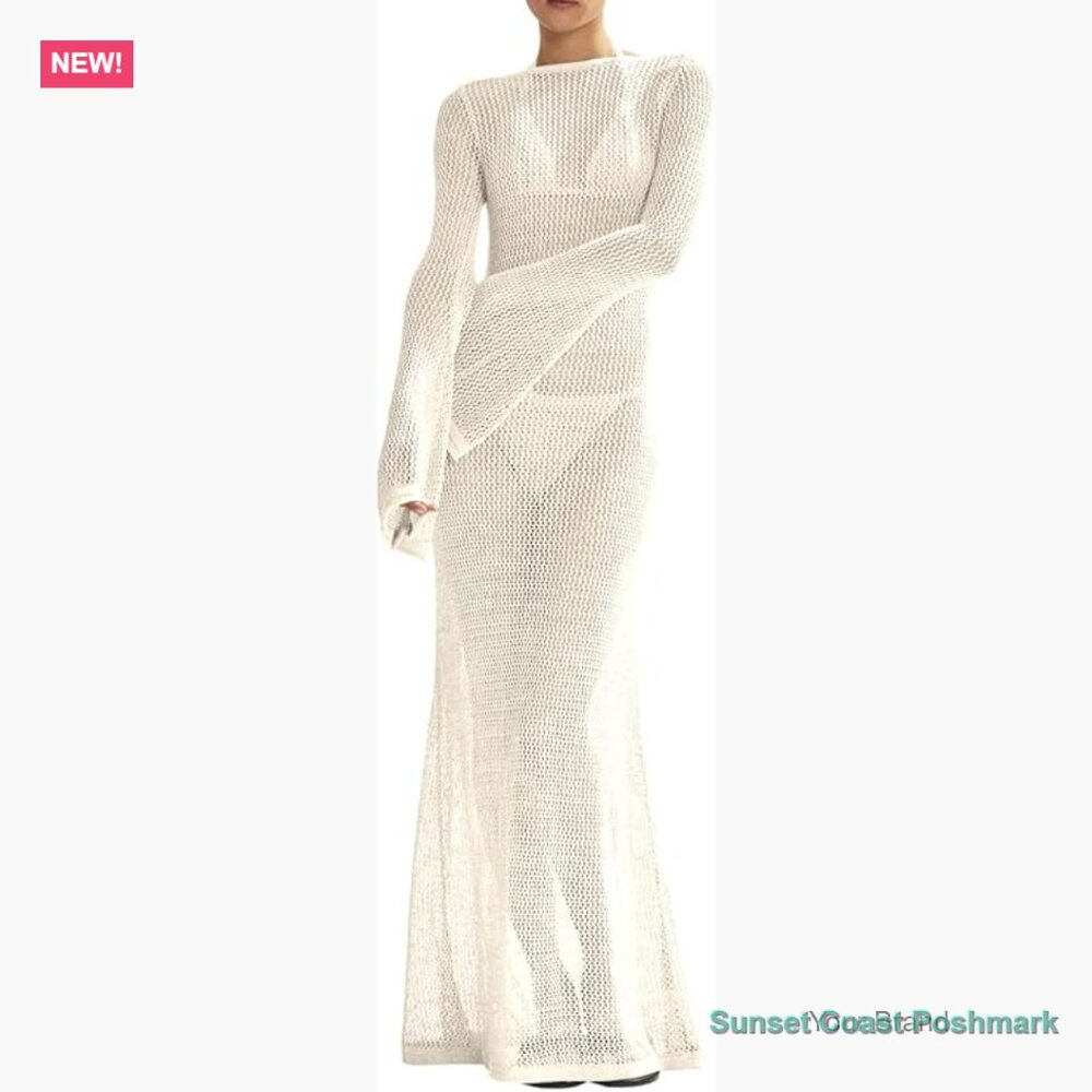 Crochet Backless Maxi Dress Swimsuit Coverup 100% Acrylic